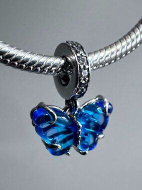 New Authentic Pandora Silver Charm Blue Murano Glass Butterfly Dangle 792698C01